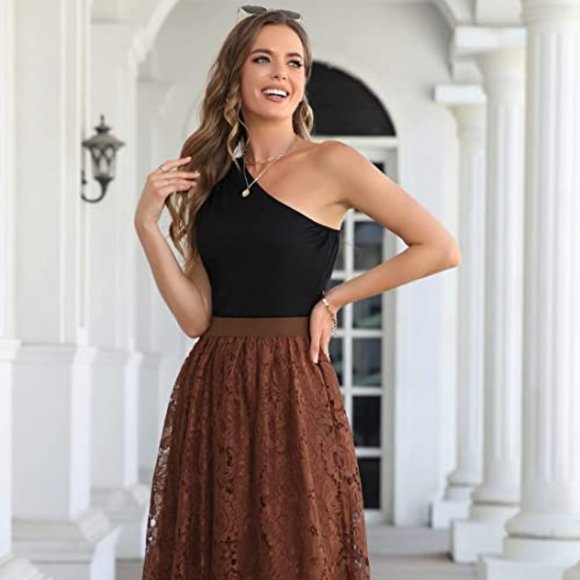 Dresses & Skirts - Elegant Brown Lace High Waist Long Skirt